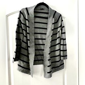 Express Cardigan Women Small Parisian Grey Black Striped Roll Tab Open Front‎